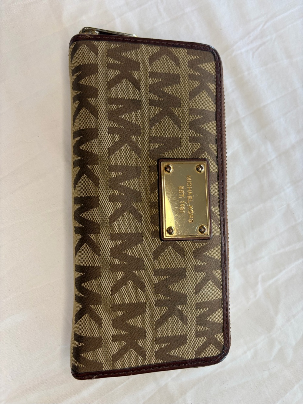 Michael Kors Classic Jet Set Brown and Gold Monogram Zip Wallet